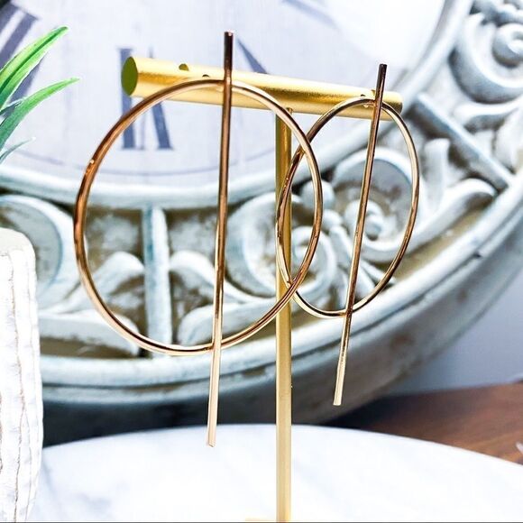 Gold Geometric Earrings Circle Hoops Minimalist Statement - Picture 2 of 5